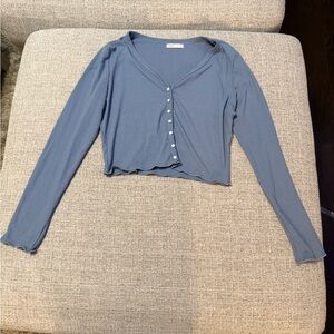 ROMWE Slate Blue Ribbed Button-Front Cropped Long Sleeve Top